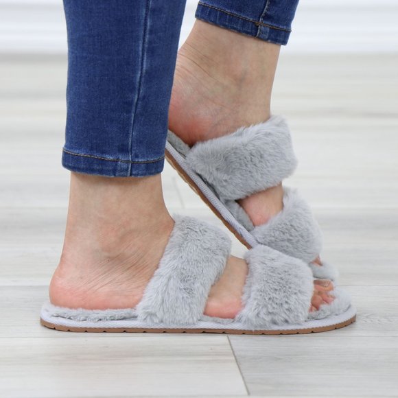 Grey Puff Fuzzy Furry Fluffy Slip On Plush Slippers Double Strap - Picture 4 of 13